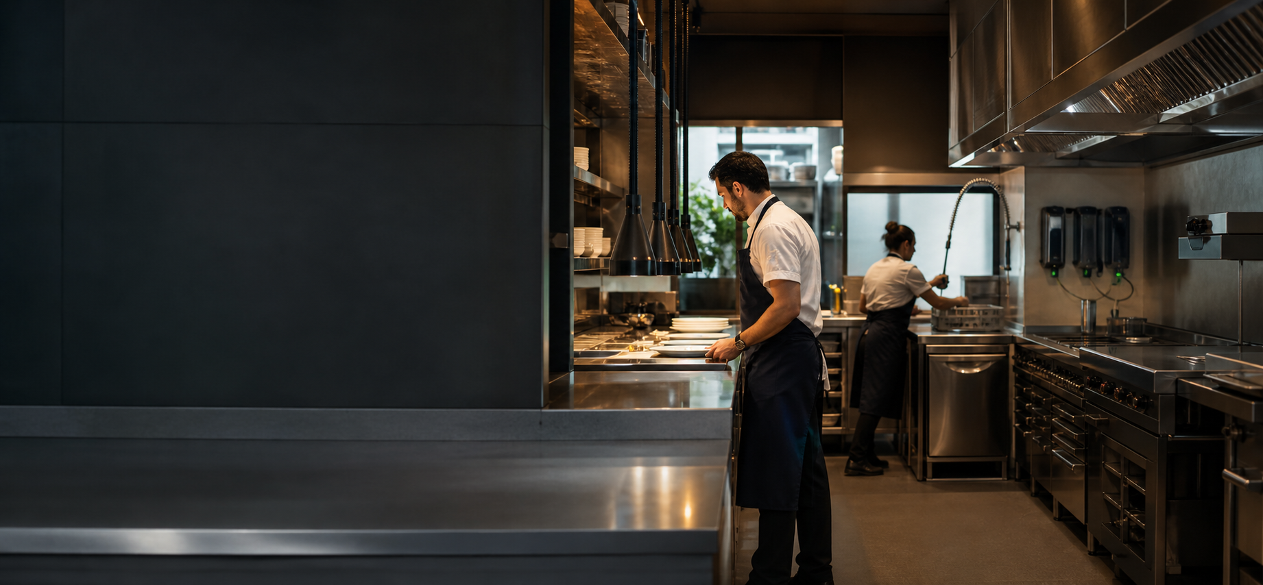 Profissionais numa cozinha e copa de restauração