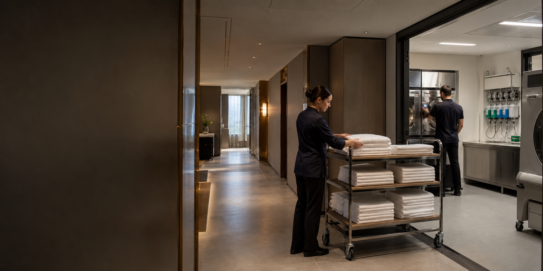 Equipa de hotelaria numa lavandaria e corredor de serviço