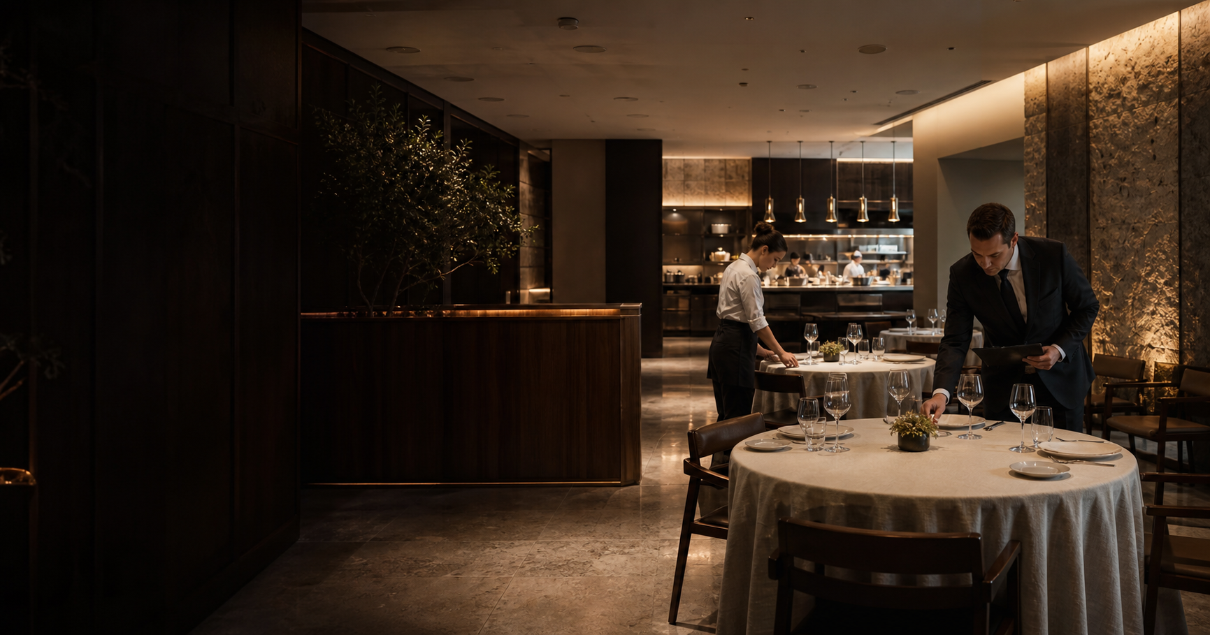 Equipa a preparar um restaurante antes do serviço