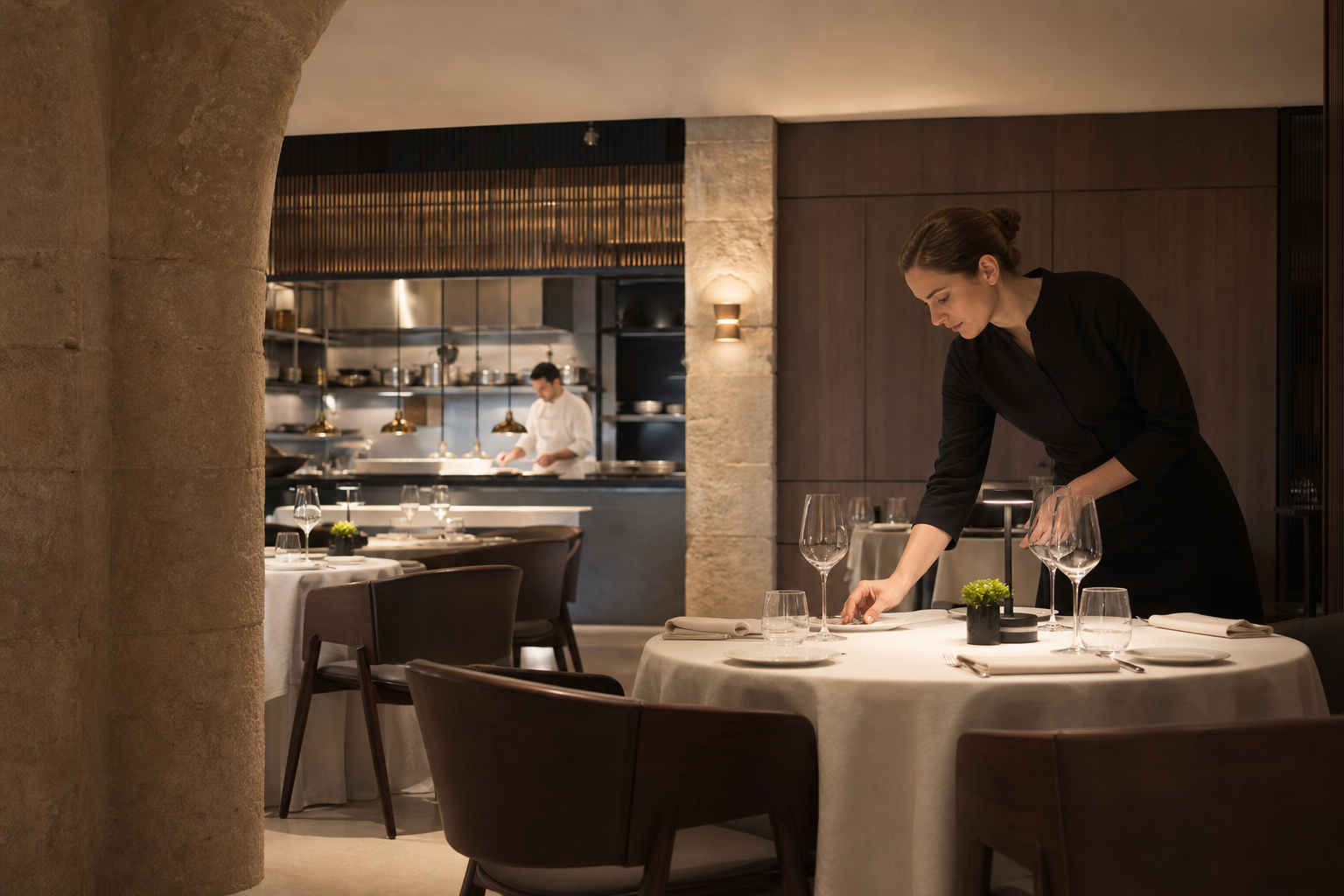 Profissional a preparar um restaurante de posicionamento elevado antes do serviço