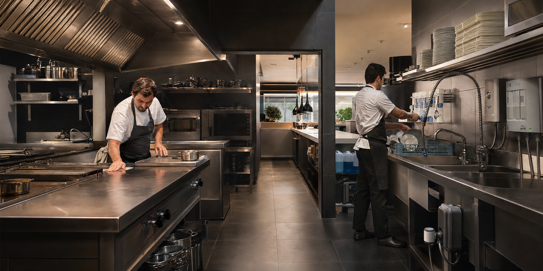 Cozinha e copa profissionais organizadas antes do serviço