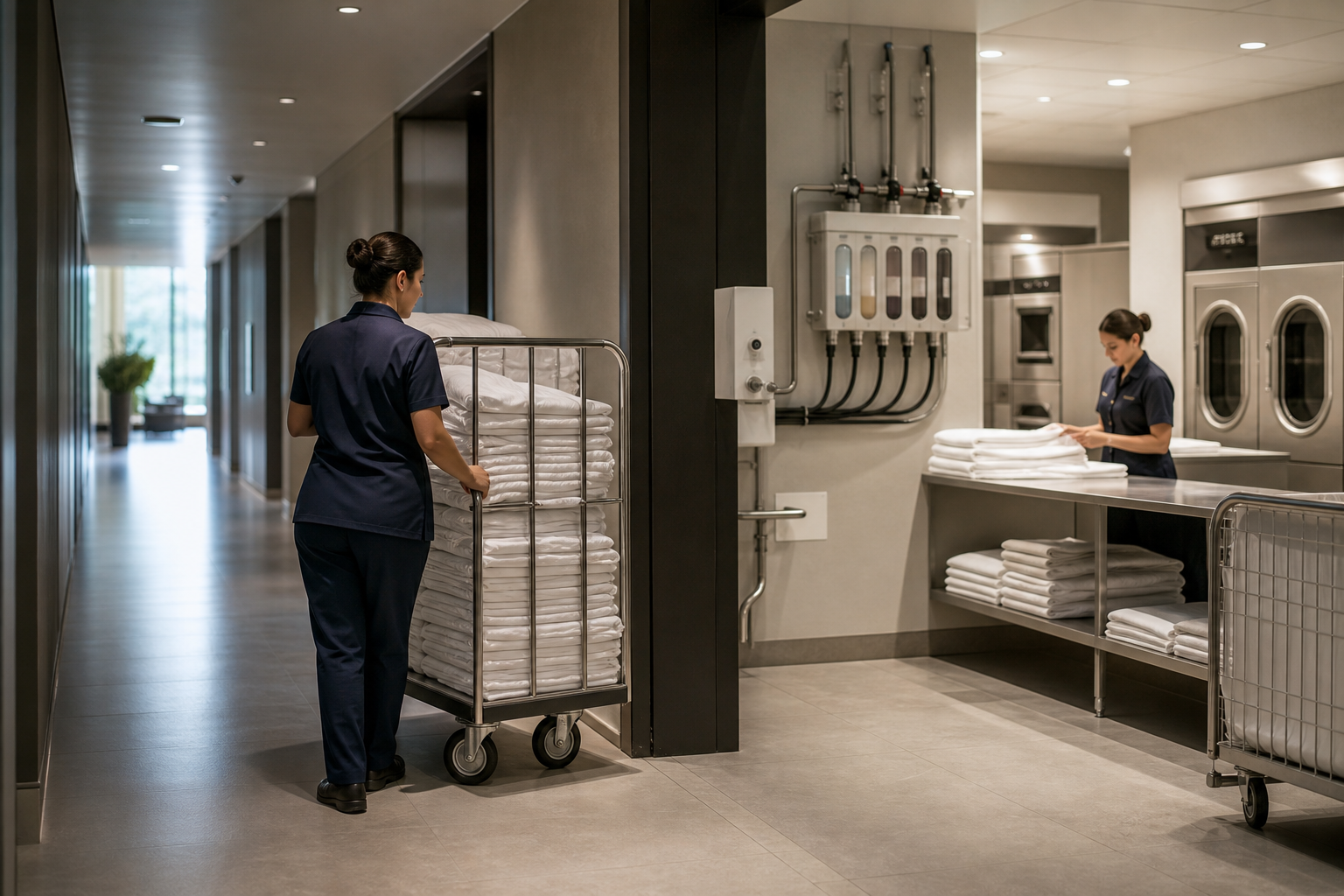 Corredor de serviço e lavandaria profissional de hotel